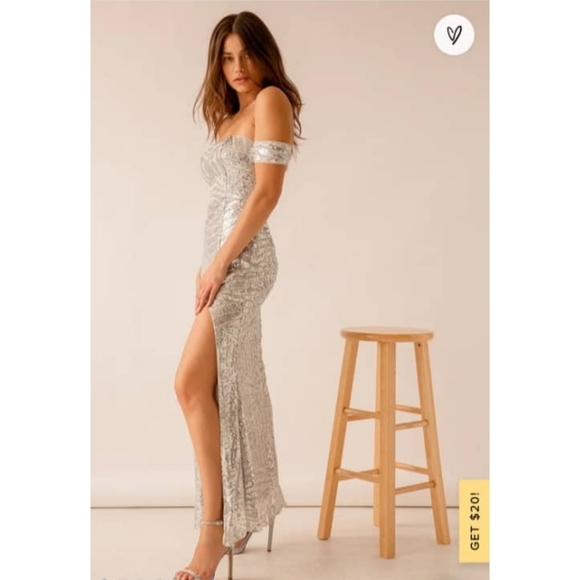 Lulu's You and Me Silver Sequin Off-the-Shoulder Mermaid Maxi Dress - Picture 3 of 7